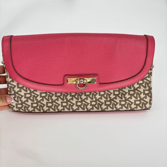 DKNY Signature Chain Clutch Shoulder Bag Chino Fabric Pink Lthr‎ 742315301 - Picture 8 of 10